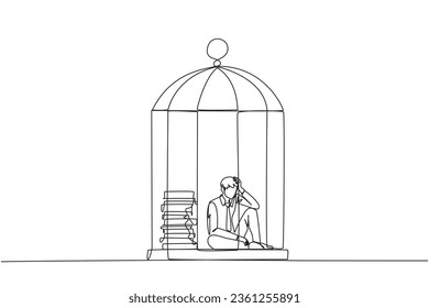 Einzelne, in Käfig gefangene, sich ständig ziehende Geschäftsleute frustriert. Stress mit der Anhäufung von unfertigen Arbeiten bis zum Ende der Frist. Abgebrannt. Eine Linie design, Vektorgrafik-Illustration