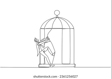 Un hombre de negocios que dibuja una línea continua tira de las barras de hierro hasta que se daña. Describe la ira. Empresario expresando decepción. Sentimiento infeliz. Exasperado. Ilustración vectorial de diseño de una línea