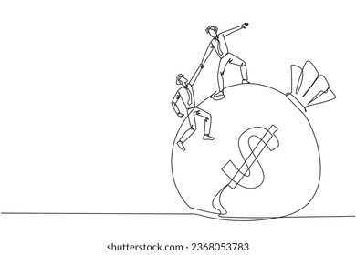 Single continuous line drawing businessman helps colleague to climb the money bag. Collaborate to gain mutual benefits. Stronger together. Great teamwork. Cohesive. One line design vector illustration