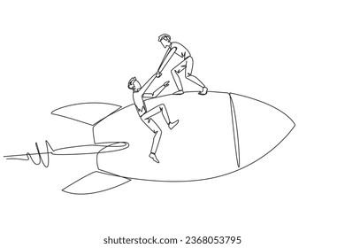 Un empresario de dibujo de línea continua ayuda a sus compañeros a escalar cohetes voladores. Metáfora ayuda en la gestión de sucursales de empresas. Se dispararon como en el negocio anterior. Ilustración vectorial de diseño de una línea