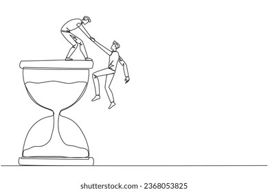 Single continuous line drawing businessman helps colleague climb the large hourglass. Have many assignment deadlines. Sharing with colleagues will become easier. One line design vector illustration