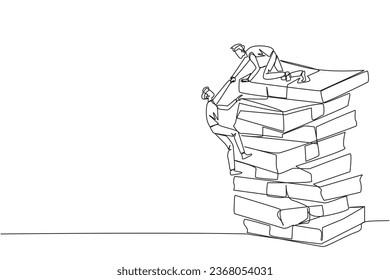 Single continuous line drawing businessman helps colleague climb large pile of banknotes. Contagious success. Share tips for success. Teamwork bonus. Cohesiveness. One line design vector illustration