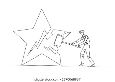 Single continuous line drawing businessman preparing to hit big star. Rampage. The destroyer of dream. Failed to get the best career position. Anger overflowed. One line design vector illustration