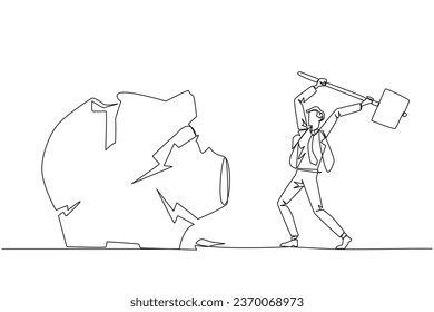 Single continuous line drawing businessman preparing to hit the big piggy bank. Rampage. Running out of capital. Unprofitable business. Trying new luck. Rise again. One line design vector illustration