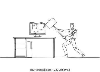 Single continuous line drawing businessman preparing to hit the computer monitor on the work desk. Stocks that don't rise. Didn't get any profit. Anger escalated. One line design vector illustration