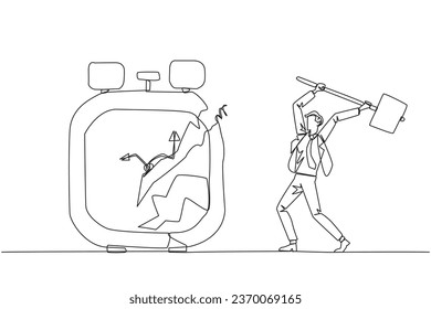 Un único empresario de dibujo de línea continua se prepara para hacer frente al gran reloj despertador. No puedo manejar bien el tiempo. Muchas oportunidades de negocios desaparecen. Un hombre de negocios enfadado. Ilustración vectorial de diseño de una línea