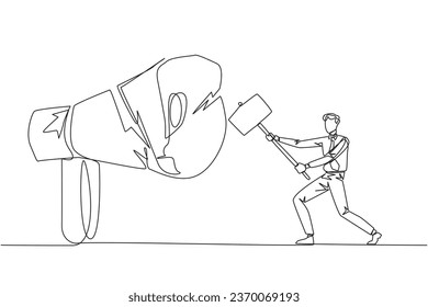 Single continuous line drawing businessman preparing to hit a big megaphone. Rampage. Destroy of hoax information that damage business stability. Destroy slander. One line design vector illustration