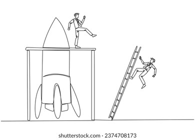 Single continuous line drawing businessman kicks opponent who climbing the rocket with ladder. Failure to open new business. Cheated by business friend. Traitor. One line design vector illustration