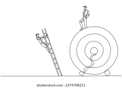 Un empresario de dibujo de línea continua da una patada a un colega que está escalando el tablero de la flecha de destino con una escalera. La metáfora de deshacerse de los destructores de negocios. Ilustración vectorial de diseño de una línea