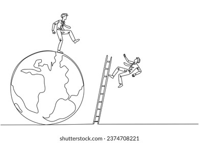 Single continuous line drawing businessman kicks opponent who is climbing the globe with a ladder. Failed to be on top of the world. Dropped by business friend. One line design vector illustration