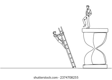 Single continuous line drawing businessman kicks opponent who is climbing the hourglass with a ladder. Not able to complete deadlines well. Dropped roughly. Rival. One line design vector illustration