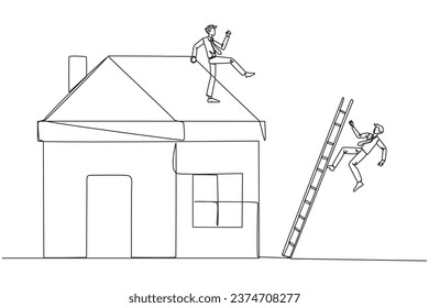 Un único empresario de dibujo continuo patea a un oponente que sube a una casa en miniatura con escaleras. Metáfora del fraude cometido por promotores inmobiliarios. Mal negocio. Ilustración vectorial de diseño de una línea