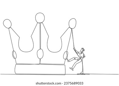 Single continuous line drawing businessman climbing crown with rope. Prepare for a better life by working hard to achieve the highest position. The hard worker. One line design vector illustration