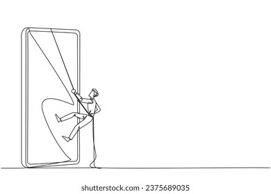 Single continuous line drawing businessman climbing smartphone with rope. Improve business relationships. Massively contact old friends. Connected to each other. One line design vector illustration