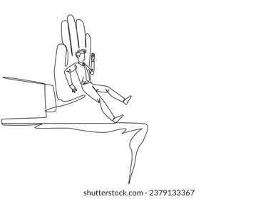 Single continuous line drawing businessman standing on the edge of a cliff. Something big wants to bring down the business. Invisible enemy. Bring down competitor. One line design vector illustration