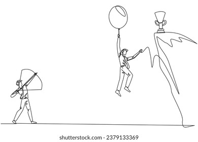 Single continuous line drawing businessman wants to achieve prizes at the peak of the career. Getting resistance from all directions. Painful failure. Traitor. One line design vector illustration