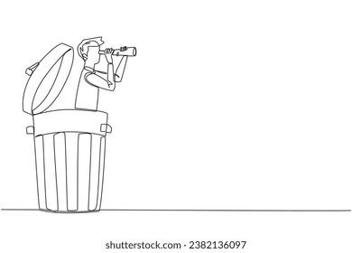 Single continuous line drawing businessman emerges from a trash can looking for something through binoculars. Entrepreneurs are looking for something to scapegoat. One line design vector illustration