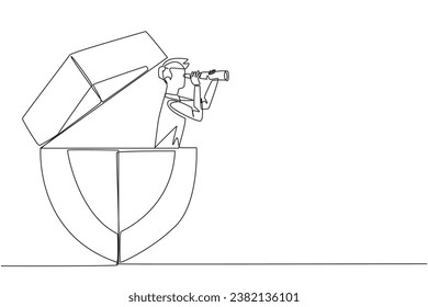 Single continuous line drawing businessman emerges from shield looks for something through binoculars. Find and develop best protection for business application. One line design vector illustration