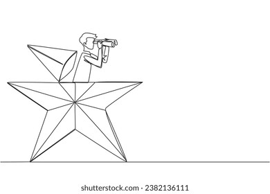 Single continuous line drawing businessman emerging out of star shape look for something through binoculars. Dream business success together. Perfect achievement. One line design vector illustration