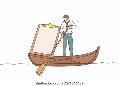 Single continuous line drawing businessman standing in boat, sailing with clipboard. Office worker escape from deadline checklist board. Productivity problem. One line draw design vector illustration
