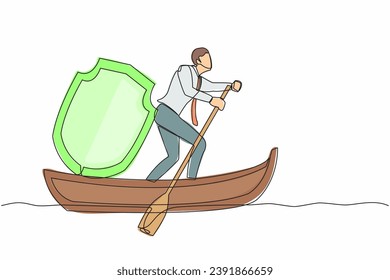 Single continuous line drawing businessman sailing away on boat with protect shield. Business protection and precaution financial crime. Online security guard. One line draw design vector illustration