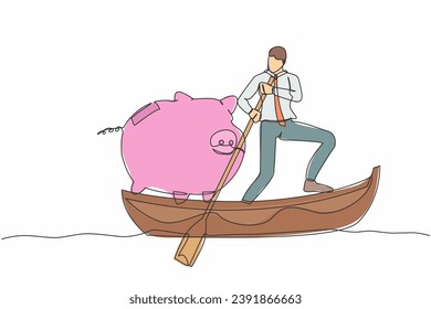 Single continuous line drawing of businessman standing in boat and sailing with piggy bank. Economy purposes saving money is very important. Smart investor. One line graphic design vector illustration