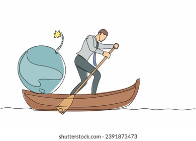 Una sola línea contínua dibujando a un empresario parado en un bote y navegando con una bomba. El gerente conlleva riesgos peligrosos para la empresa. El colapso económico debido a la crisis. Ilustración vectorial de diseño de líneas de una línea