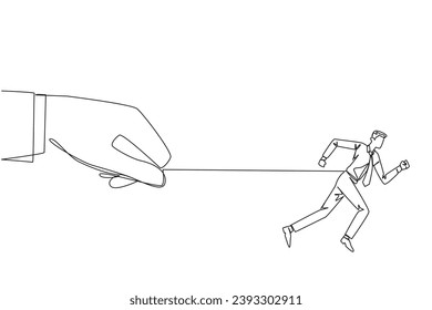 Single continuous line drawing businessman runs but stomach is tied. Held and controlled by a big hand behind. Business cannot grow. Being in difficult position. One line design vector illustration