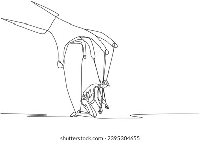 Single continuous line drawing businessman kneeling, entire body bound by ropes controlled by giant hands. Mastered by the mastermind. Confused. Helpless. Puppet. One line design vector illustration