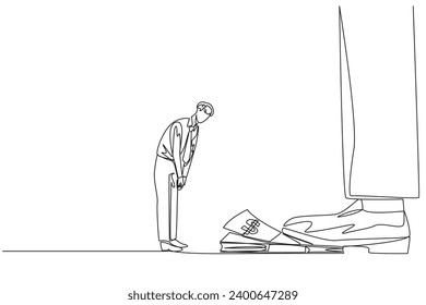 Single continuous line drawing businessman nodded in front of giant foot stepping on stack of banknotes. Request permission from investors to disburse reserve fund. One line design vector illustration