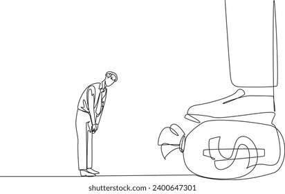 Single continuous line drawing businessman nodded in front of the giant foot stepping on the money bag. Good relationship. Entrepreneurs who respect financiers. One line design vector illustration