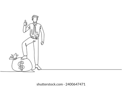 Single continuous line drawing businessman stands with thumbs up pose and steps on the money bag with one of his foot. Victory expression. Successful. Achievement. One line design vector illustration