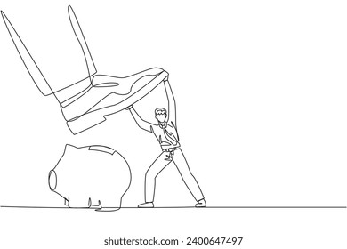 Single continuous line drawing businessman holds back giant foot wants to step on piggy bank. Protects against further damage. Want to take company asset savings. One line design vector illustration