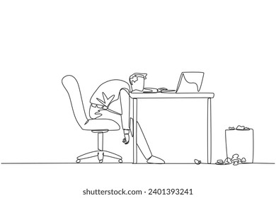 Single continuous line drawing businessman sitting in work chair looking tired. Want to work on business reports on a laptop. Very tired. Loss of focus and passion. One line design vector illustration