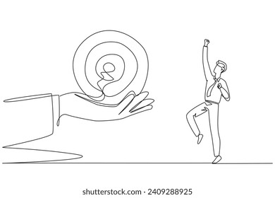 Single continuous line drawing the businessman was excited to get the arrow target board from a giant hand. Get an exciting challenge. Focus on completing on time. One line design vector illustration