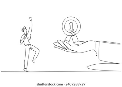 Single continuous line drawing businessman was happy to get a reward medal from giant hand. Recognition from various parties for extraordinarily brilliant business. One line design vector illustration