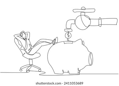 Single continuous line drawing businessman sit relax on chair to see money faucet flow into savings piggy bank. Passive income. Guarantee of always making a profit. One line design vector illustration