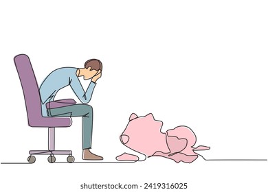 Single continuous line drawing of businessman sits pensively on office chair and in front is a broken piggy bank. Failing to save because have to pay large bills. One line design vector illustration