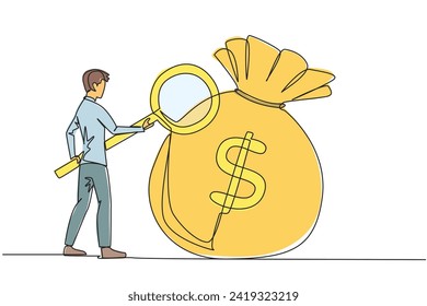 Un único empresario de dibujo de línea continua destacó revisando una bolsa de dinero gigante con lupa. El éxito de una persona depende del número de bolsas de dinero que se recojan. Ilustración vectorial de diseño de una línea