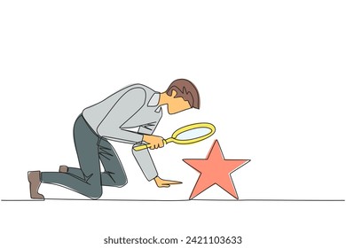 Single continuous line drawing of businessman holds magnifying glass highlighting stars. The high star is the ultimate goal of the business level. Reach dreams. One line design vector illustration