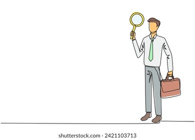 Un solo dibujo de línea continua de un hombre de negocios sostiene el lupa en su mano derecha mientras que en su mano izquierda sostiene un maletín. Empresario que ofrece propuestas de cooperación. Ilustración vectorial de una línea