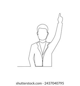 Single continuous line drawing businessman rising hand after for asking question. Concept of curiosity. Dynamic one line draw graphic design vector illustration