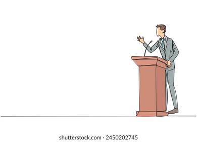 Single continuous line drawing businessman speech standing behind podium. Inviting to everyone to be more concerned with natural condition to avoid air pollution. One line design vector illustration