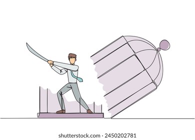 Single continuous line drawing businessman trapped in cage holds samurai. Expression of anger over the limitations that shackle. Seek freedom at any cost. Madness. One line design vector illustration