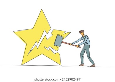 Single continuous line drawing businessman preparing to hit big star. Rampage. The destroyer of dream. Failed to get the best career position. Anger overflowed. One line design vector illustration