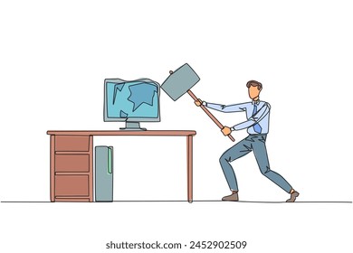 Single continuous line drawing businessman preparing to hit the computer monitor on the work desk. Stocks that don't rise. Didn't get any profit. Anger escalated. One line design vector illustration