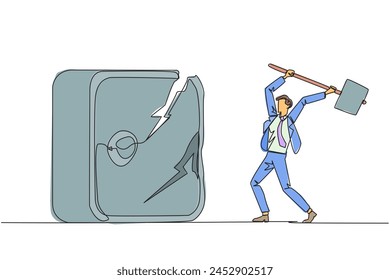 Single continuous line drawing businessman preparing to hit a big safe deposit box. Boss is furious want to destroy it with hammer. Angry businessman. Losing file. One line design vector illustration