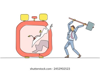 Single continuous line drawing businessman preparing to hit the big alarm clock. Can't manage time well. Many business opportunities disappear. Angry businessman. One line design vector illustration