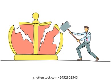 Single continuous line drawing businessman preparing to hit big crown. Rampage. Destroying the symbols of authoritarian kingdom. Expect justice for business people. One line design vector illustration