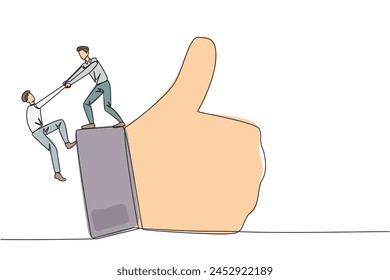 Single continuous line drawing businessman helps colleague climb big finger gesture thumbs up. Working together towards success. Positive vibes. Cohesiveness. One line design vector illustration